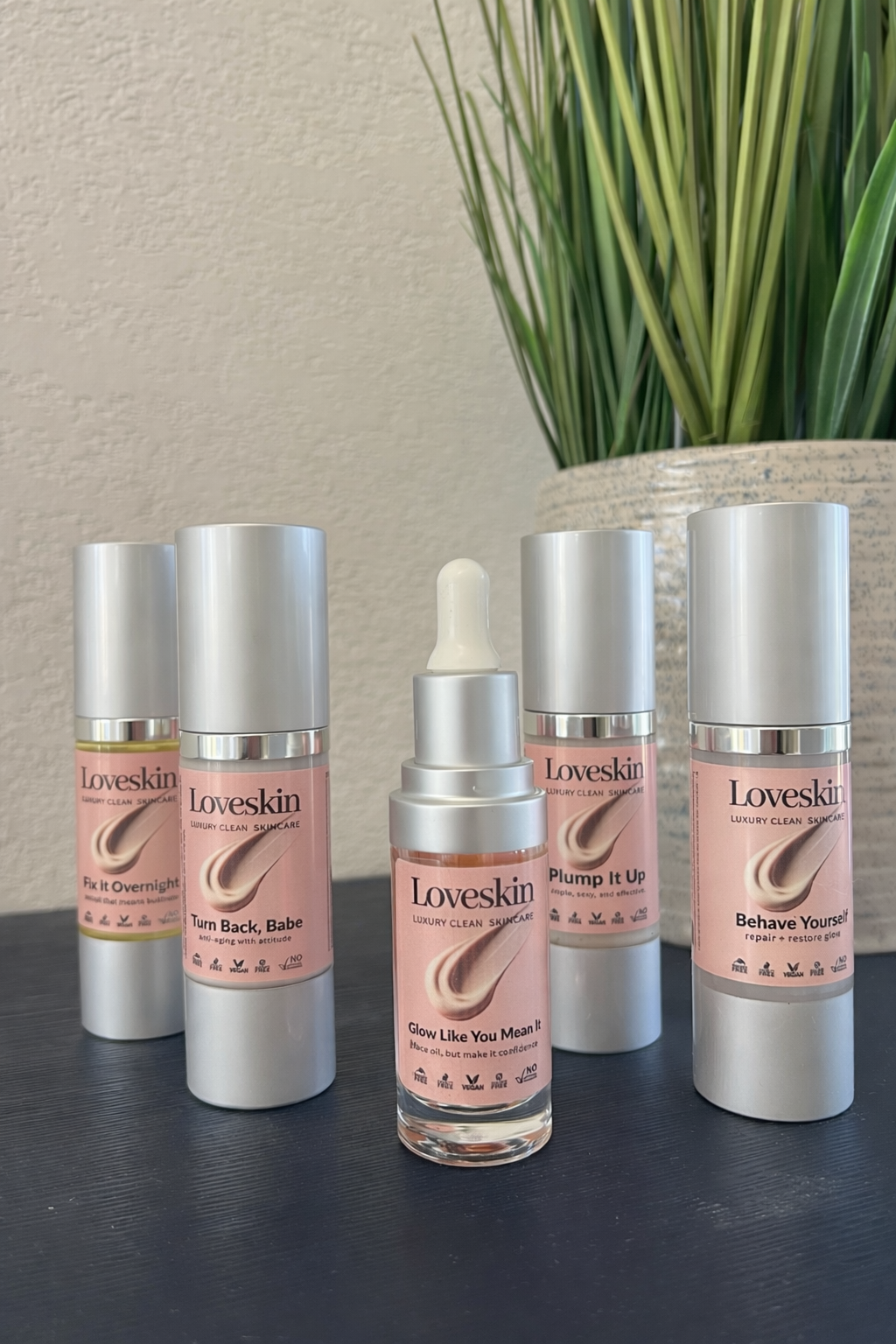 Loveskin Luxury Clean Skincare collection — Fix It Overnight, Turn Back Babe, Glow Like You Mean It, Plump It Up, Behave Yourself